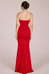Red Prom Dress Strapless Ruched Sheath Long Formal Dress With Slit